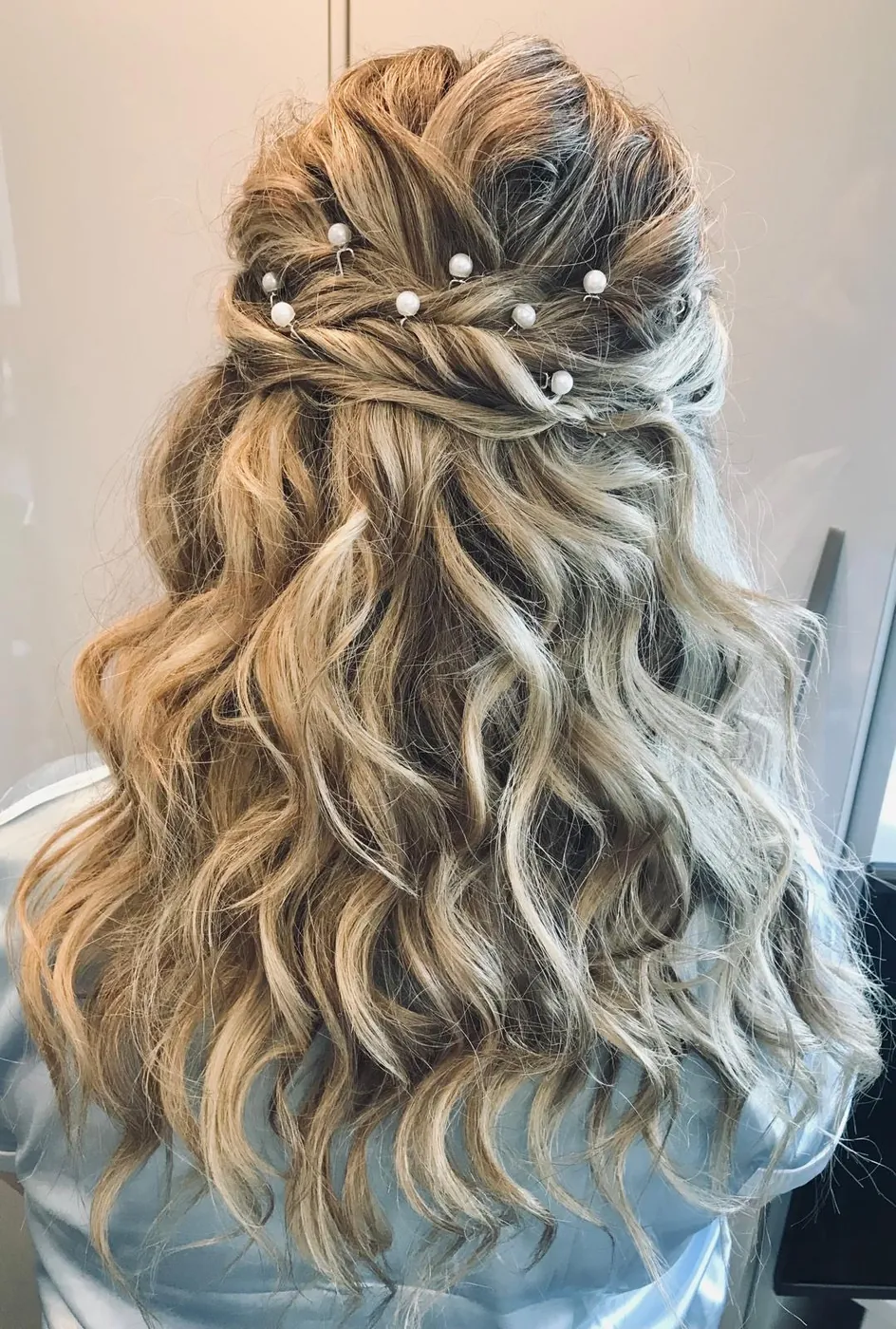 Half-up prom waves with pearl pins